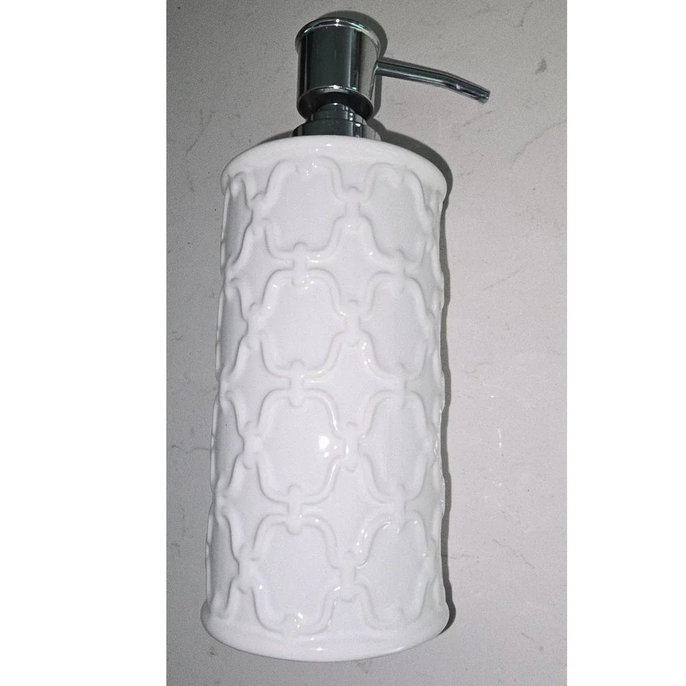 White Ceramic Soap Dispenser Embossed Trellis Pattern Chrome Pump Bathroom Decor